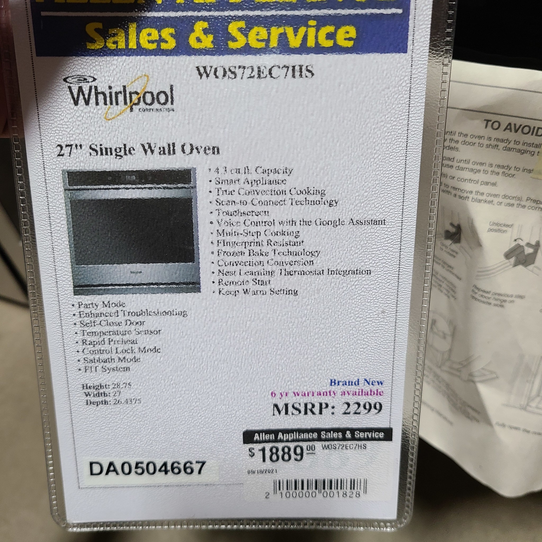 Whirlpool 27" Single Wall Oven WOS72EC7HS DA0504667 Allen Appliance