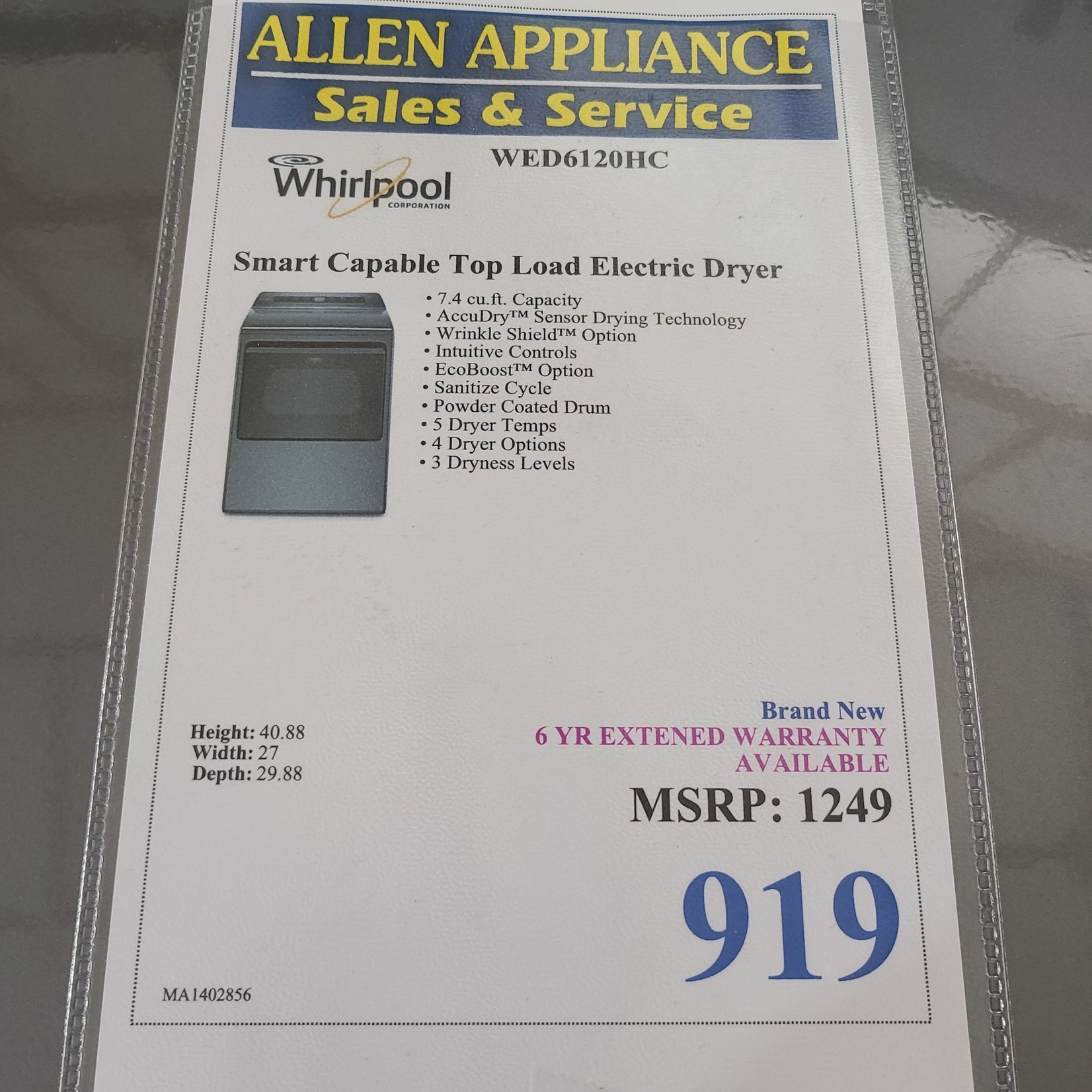 Whirlpool Whirlpool  Smart Capable Top Load Electric Dryer WED6120HC - MA1402856