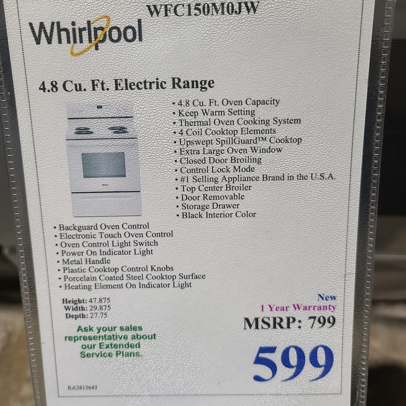 Whirlpool Whirlpool 4.8 Cu. Ft. Electric Range WFC150M0JW - RA3815643