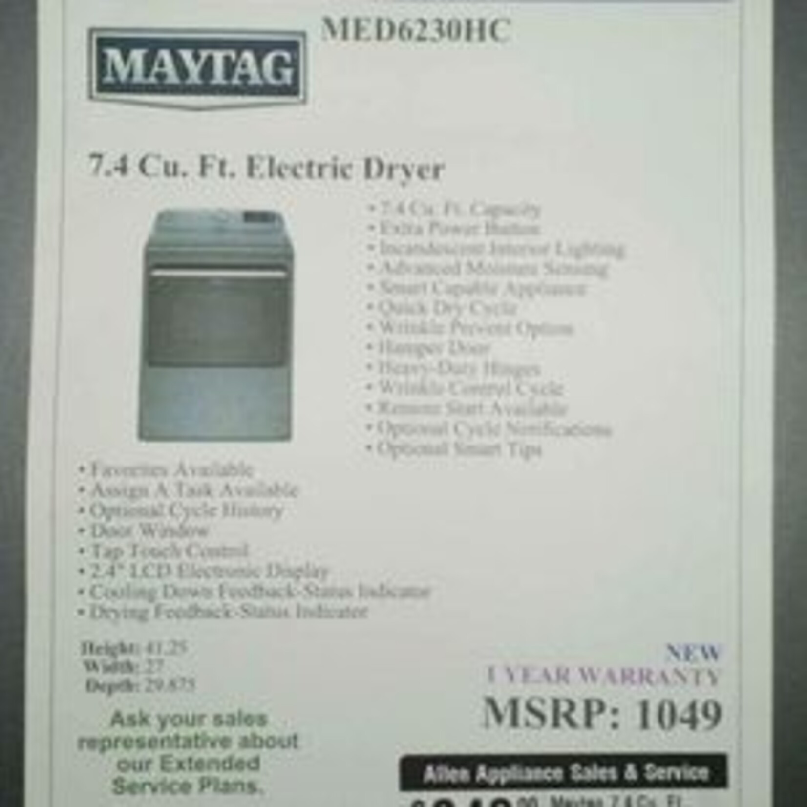 MAYTAG Maytag 7.4 Cu. Ft. Electric Dryer MED6230HC - MX1203834
