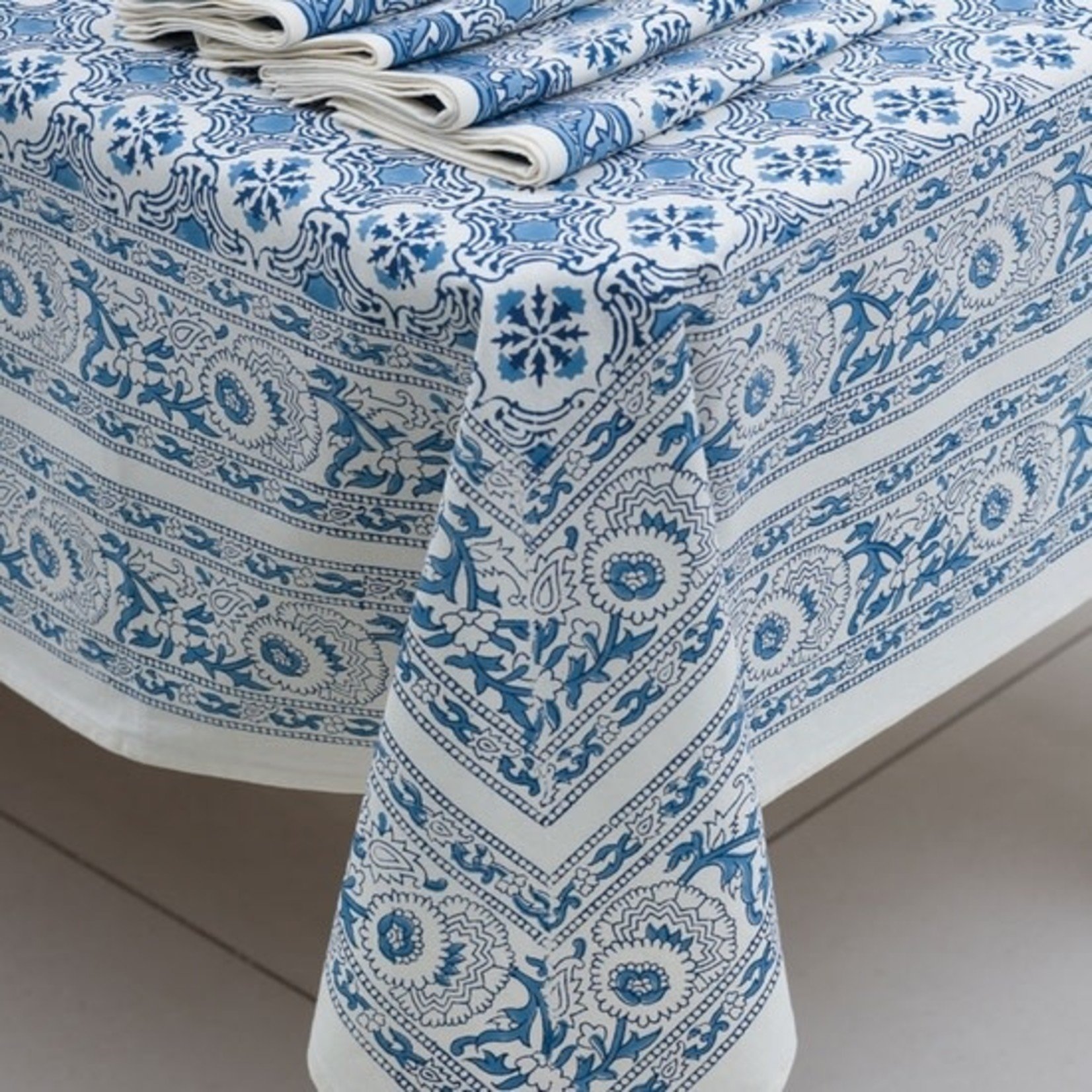 Sevya Handmade Blue Floral Tablecloth 90"x120", India