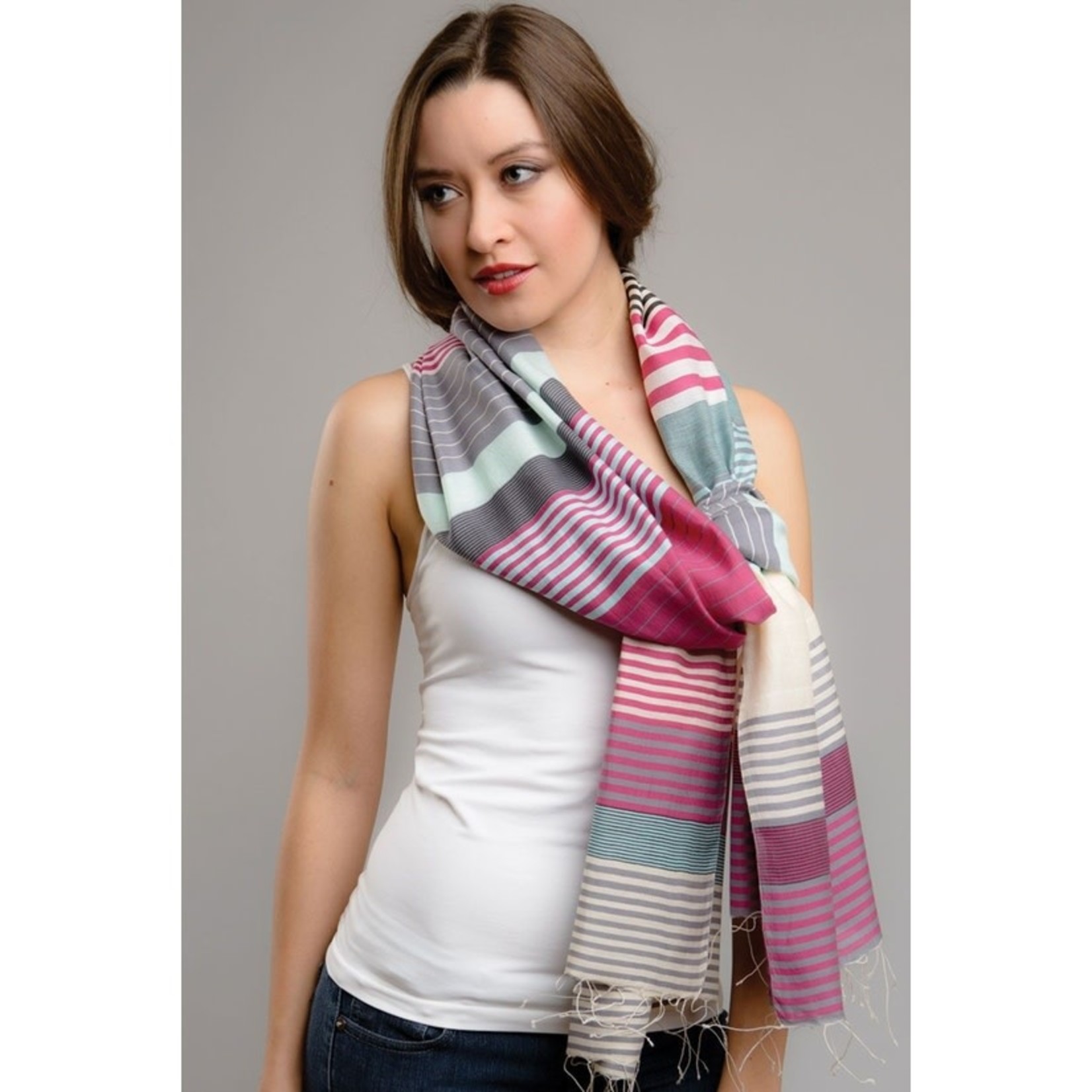 Sevya Handmade Samita Stripes Scarf: Raspberry and Sage, India