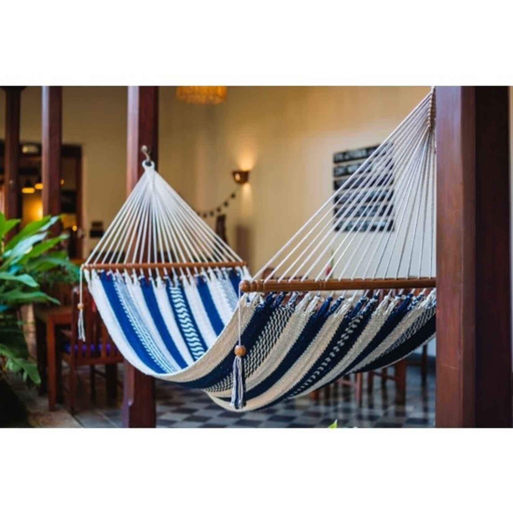 Women of the Cloud Forest Handwoven Hammock Blue Cream, Nicaragua