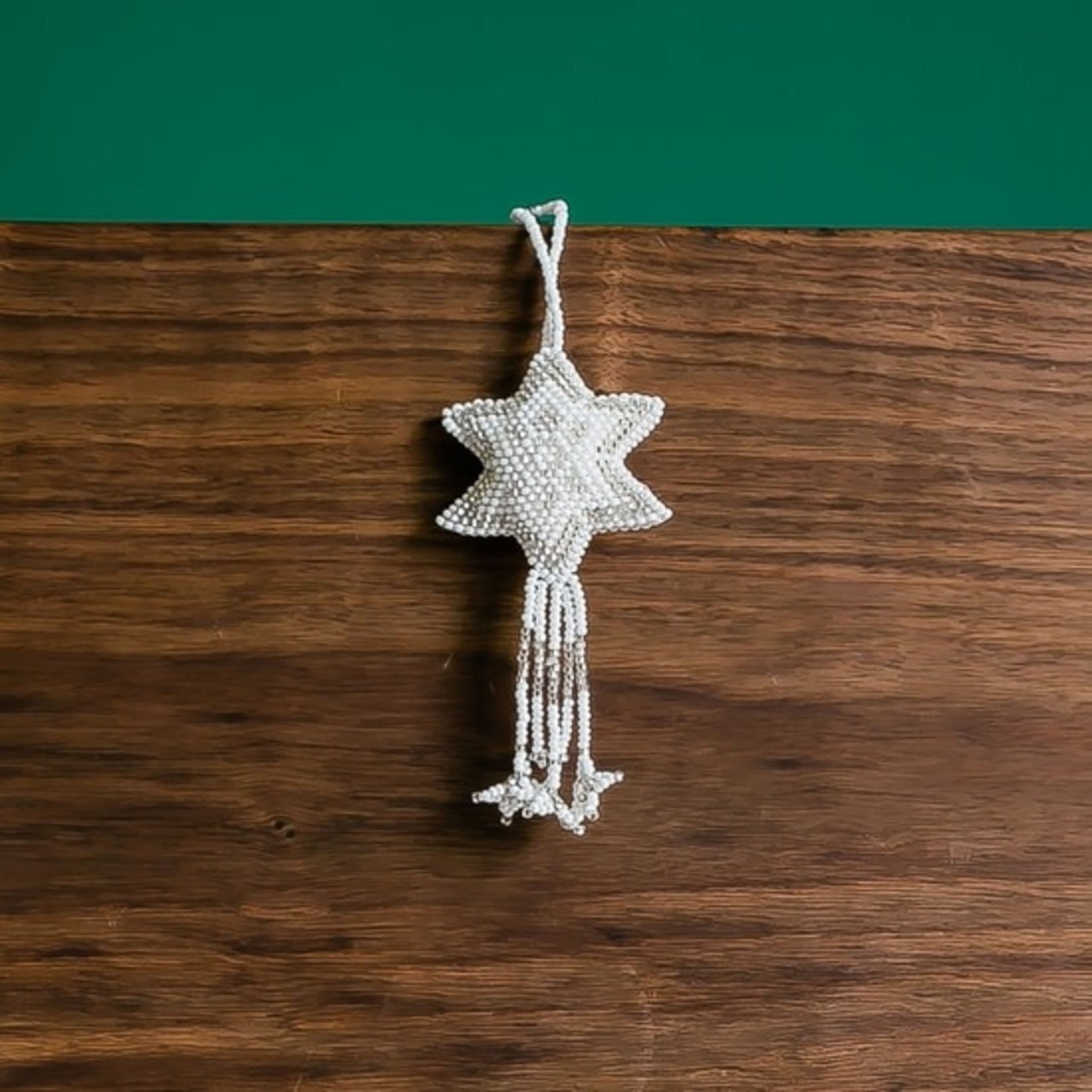 Lucia's Imports White Silver Star Beaded Ornament, Guatemala