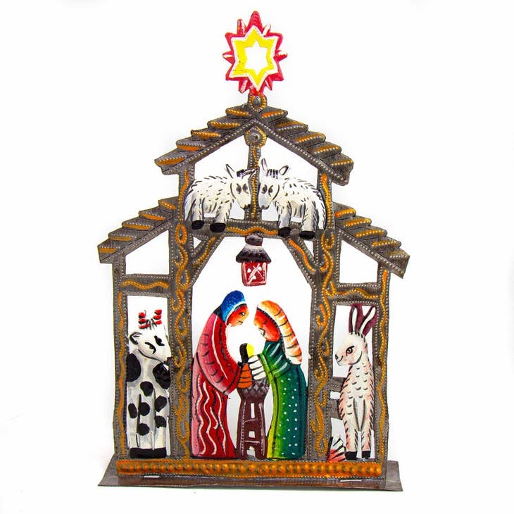 Haitian Metal Drum Tabletop Nativity with Barn Animals, Haiti Brandon Ten Thousand Villages