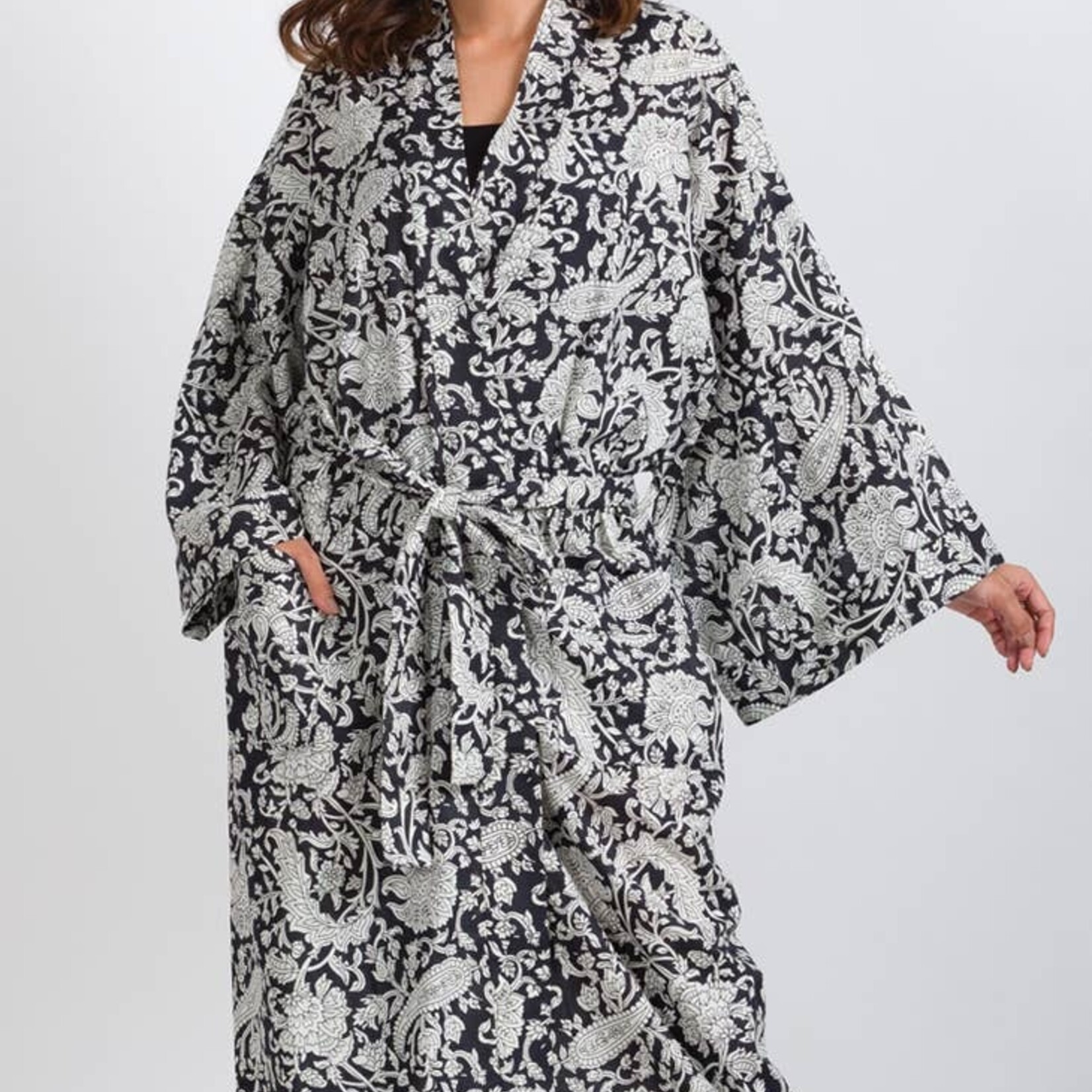 Sevya Handmade Cotton Kimono Robe--Black and White Paisley, India