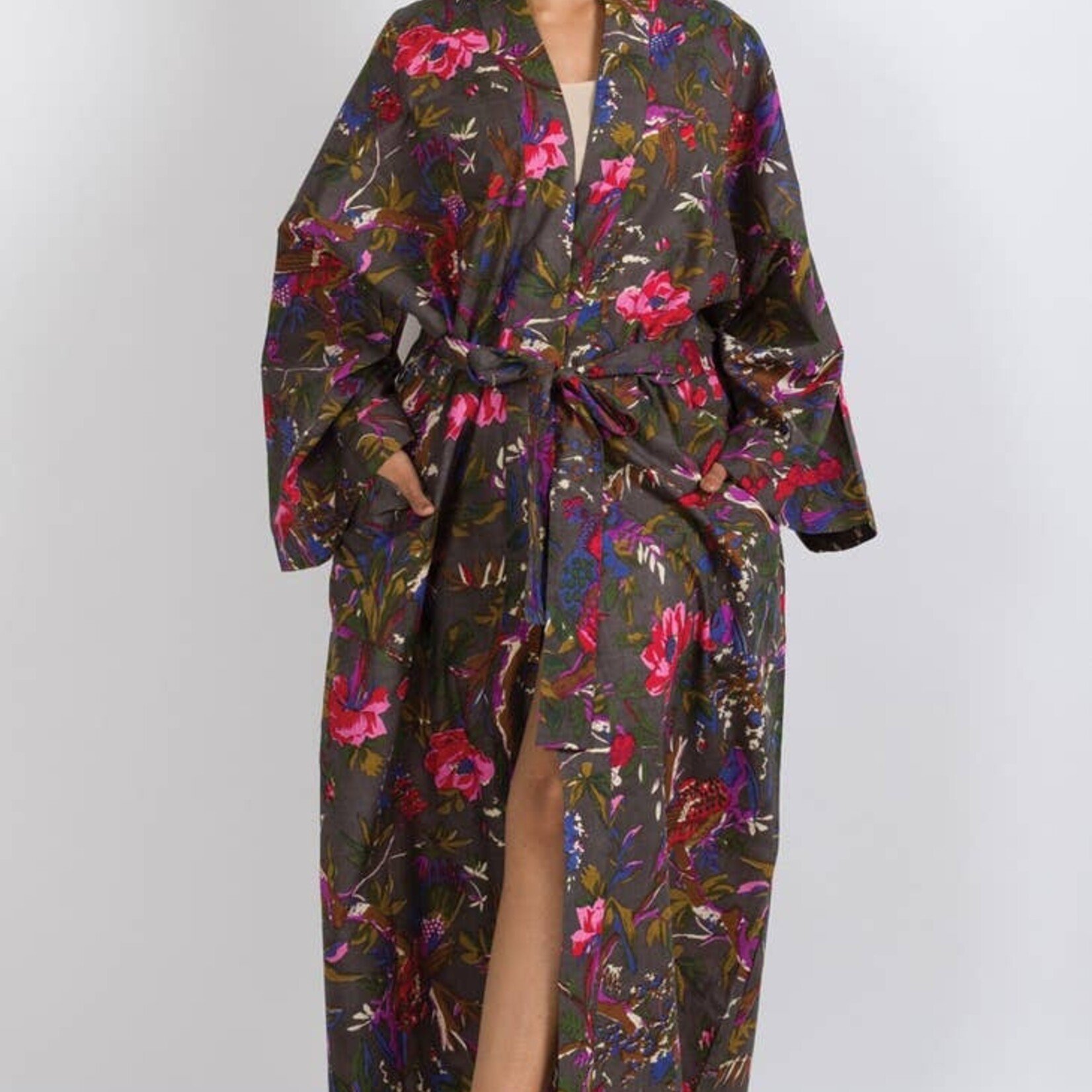 Sevya Handmade Cotton Kimono Robe--Charcoal Multi Birds, India