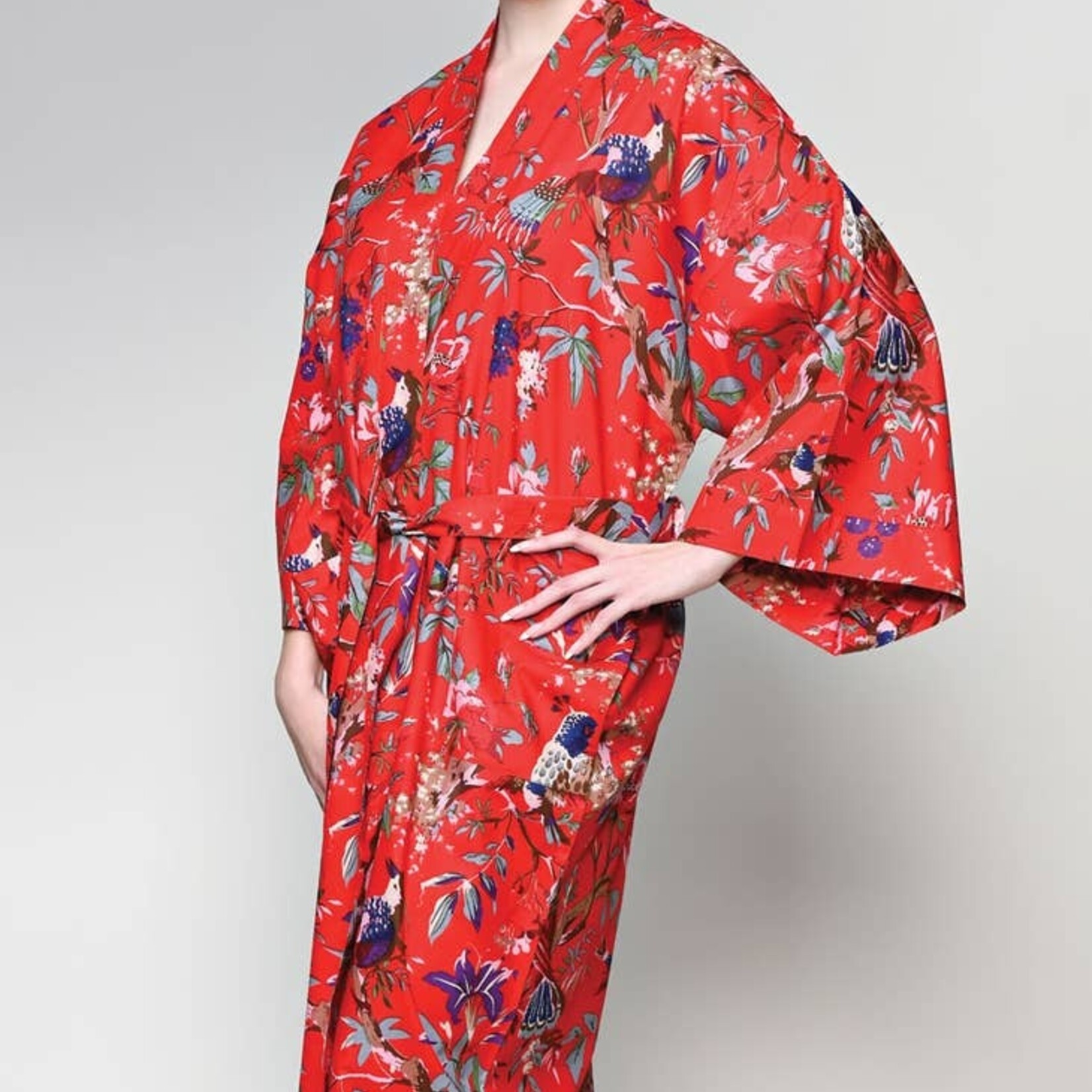 Sevya Handmade Cotton Kimono Robe--Red Multi Birds, India