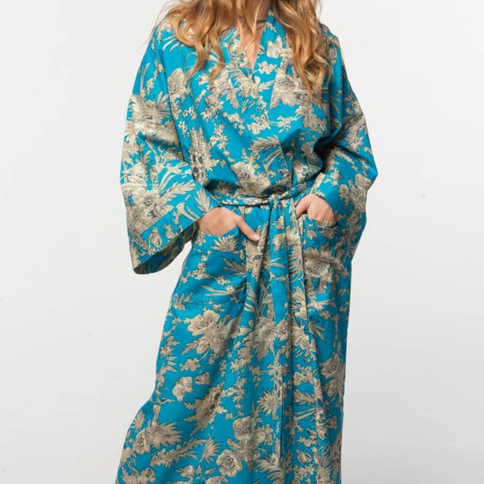 Sevya Handmade Cotton Kimono Robe--Turquoise and Gold, India