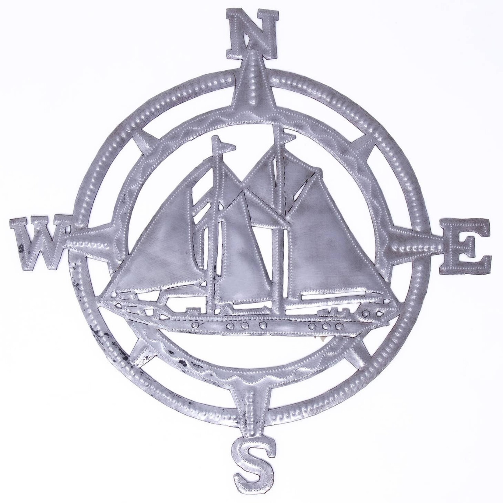 Global Crafts Nautical Compass with Sailboats Haitian Cut Metal Wall Art, 12", Haiti