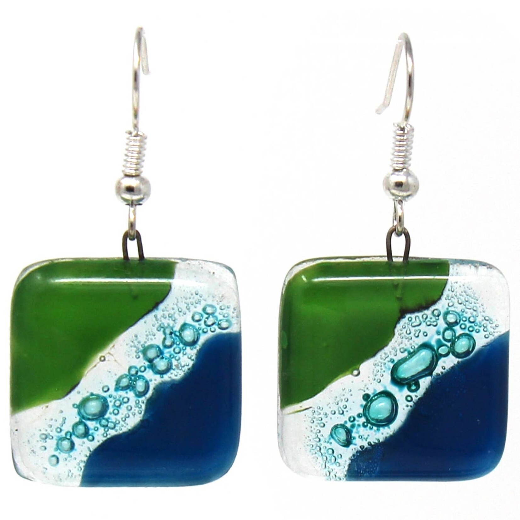 Ten Thousand Villages USA Square Glass Dangle Earrings - Blue Green Waves, Chile