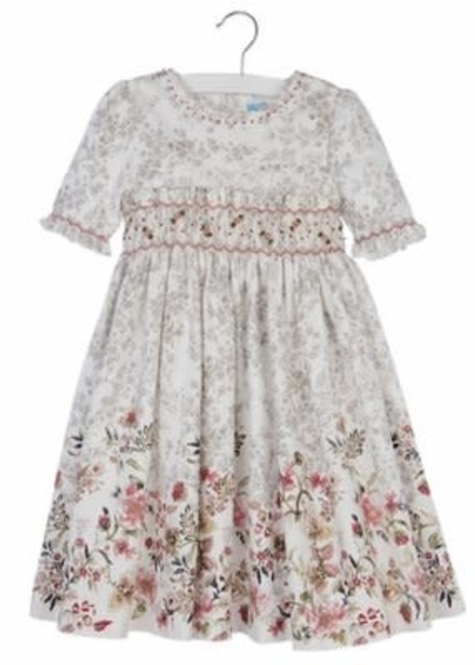 Smocked Grey Toile Dress w/Dusty Pink Floral Border