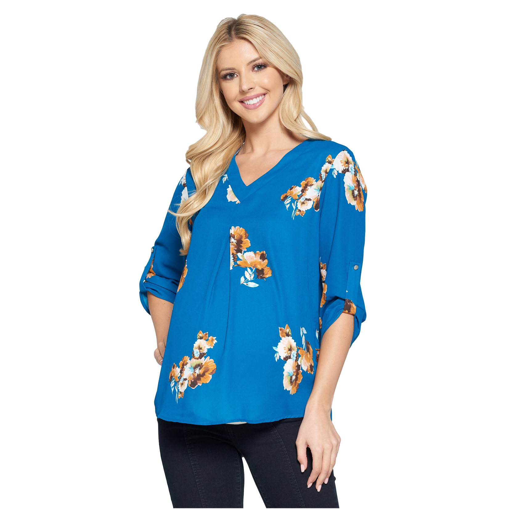 Turquoise w/Rust Floral 3/4 Sleeve Maternity V-Neck Blouse