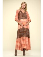 Star Motherhood Rust/Orange Paisley Maxi Tier Maternity Dress w/Tie Collar