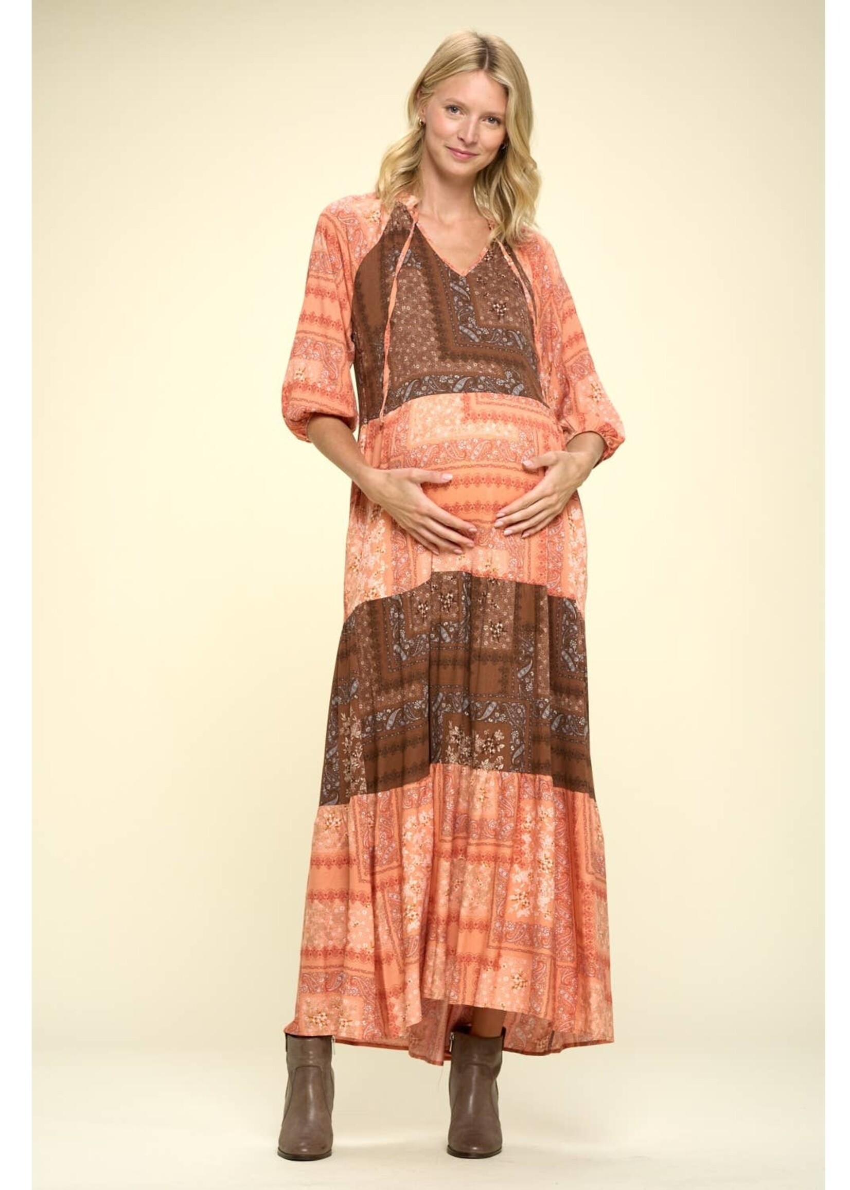 Star Motherhood Rust/Orange Paisley Maxi Tier Maternity Dress w/Tie Collar