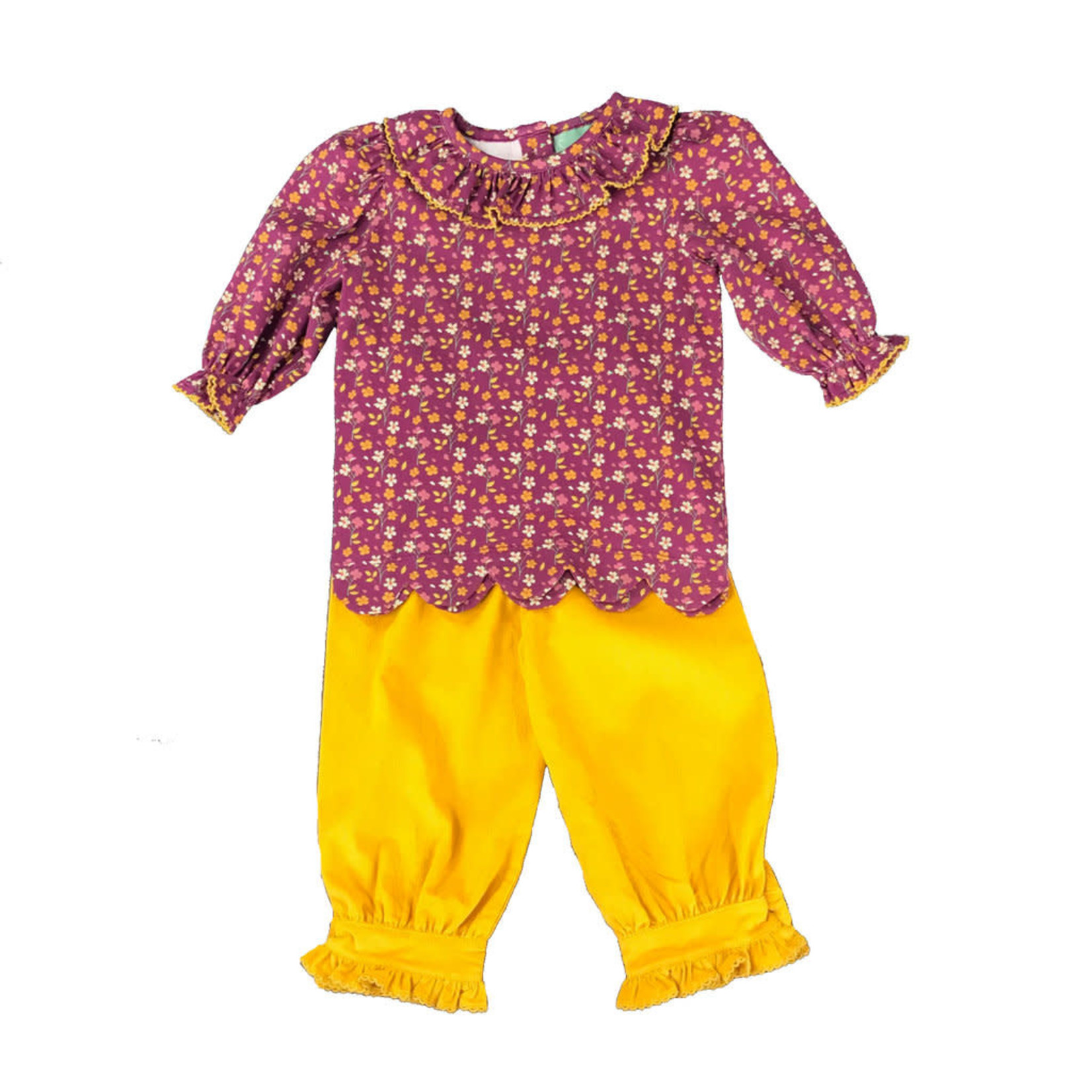 Wine Floral Scallop Top w/Mustard Pant Set
