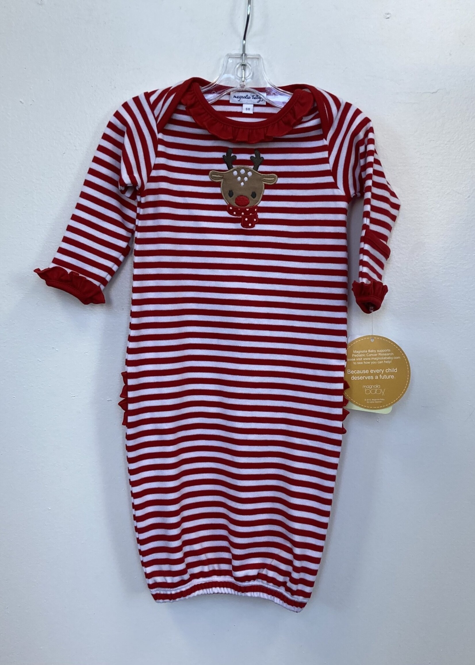 Magnolia Baby Red/White Striped Ruffle Gown w/Reindeer