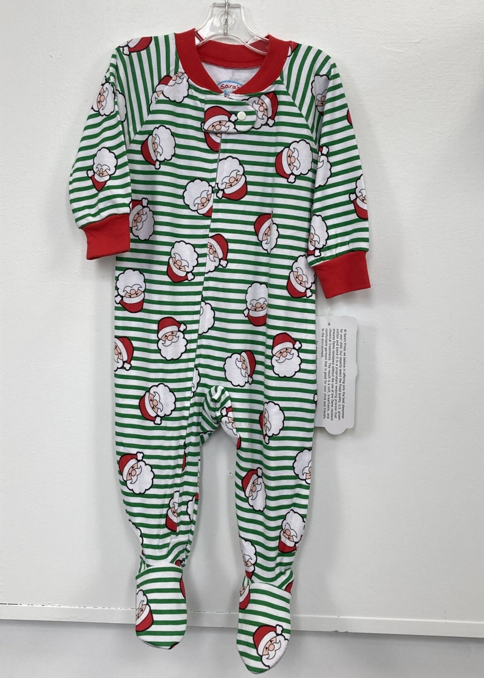 Sara's Prints Boys Green/White Stripe Santa Footed PJs