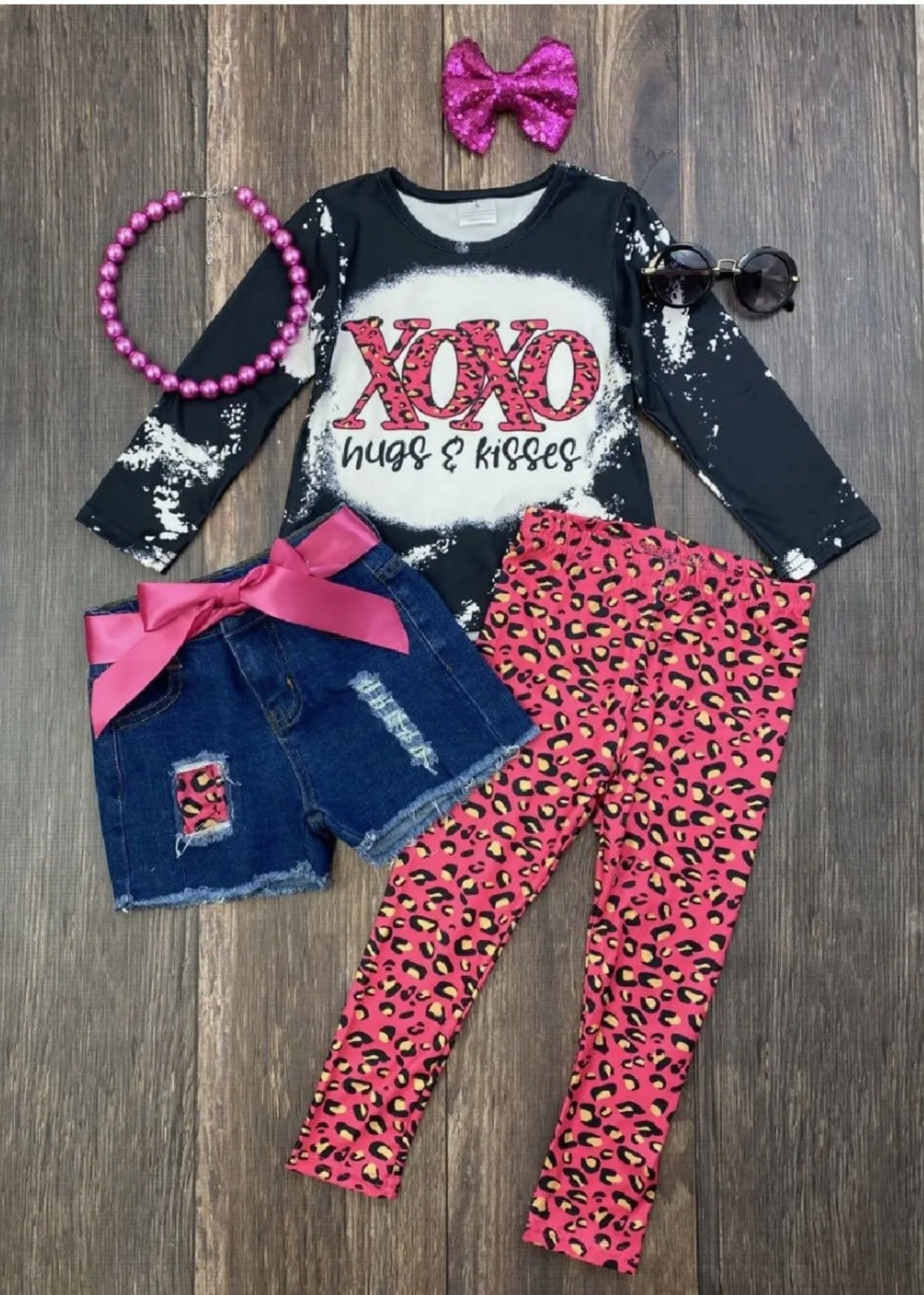 The Hair Bow Company XOXO Hugs & Kisses Shirt, Denim Shorts & Leggings 3 PC Set