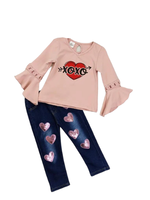 The Hair Bow Company XOXO Dusty Rose Lace Cutout Bell Sleeve Shirt & Sequin Hearts Jeans