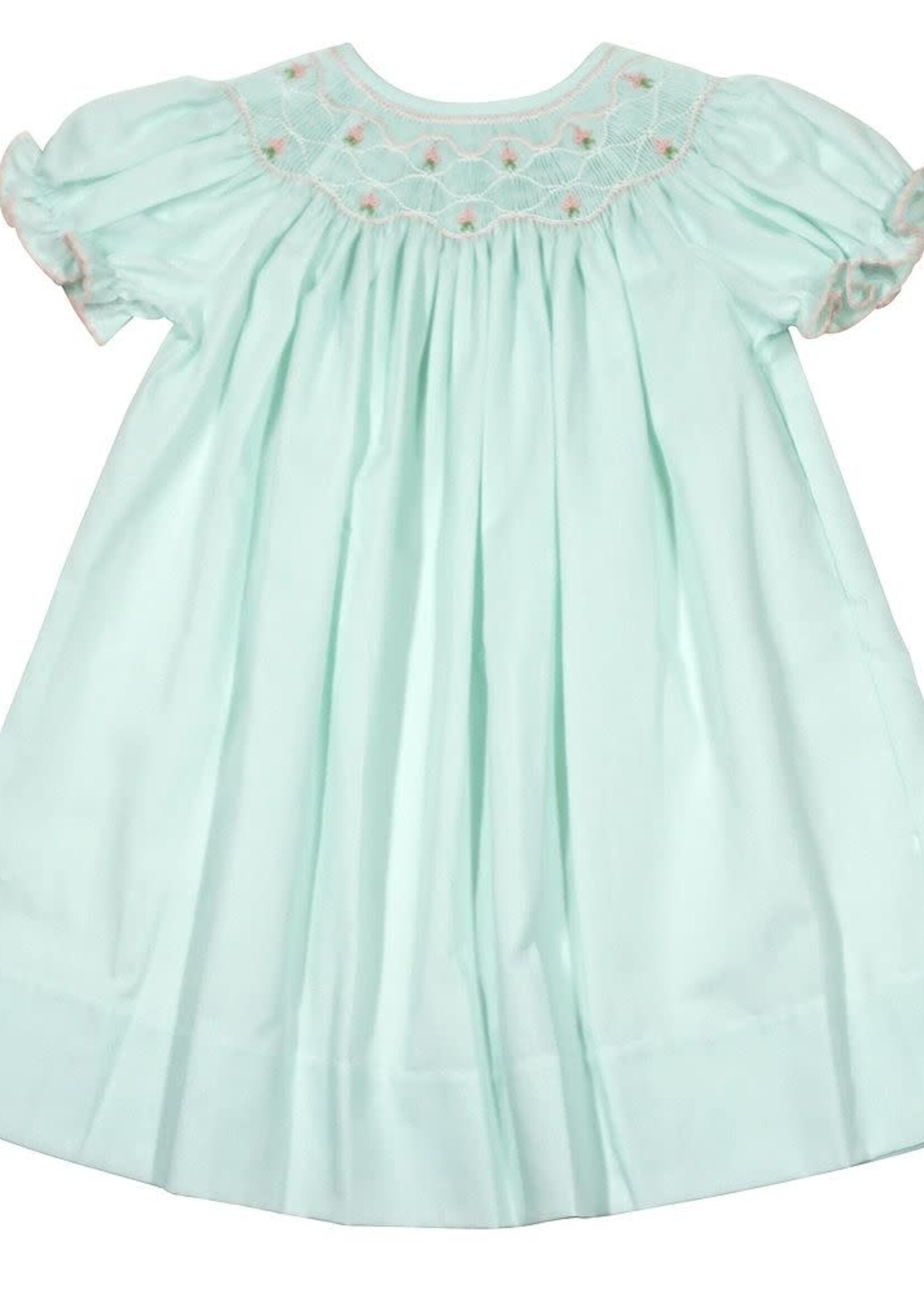 Lulu Bebe Mint Smocked Bishop w/Double Row Pink Flowers