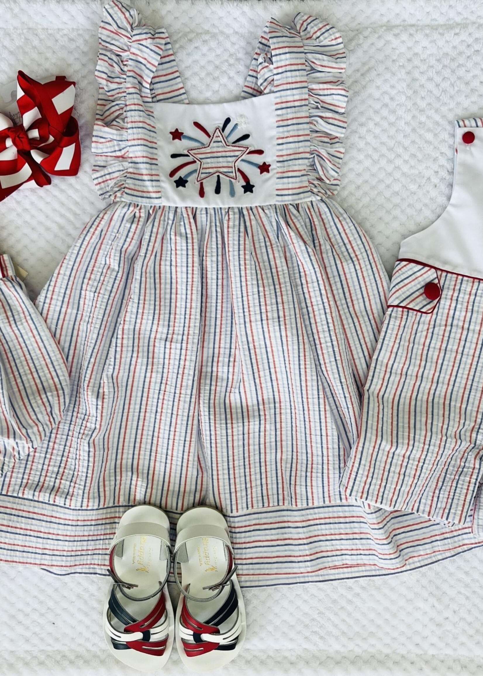 Marco & Lizzy Red/White/Blue Stripe Flutter Sleeve Dress w/Star