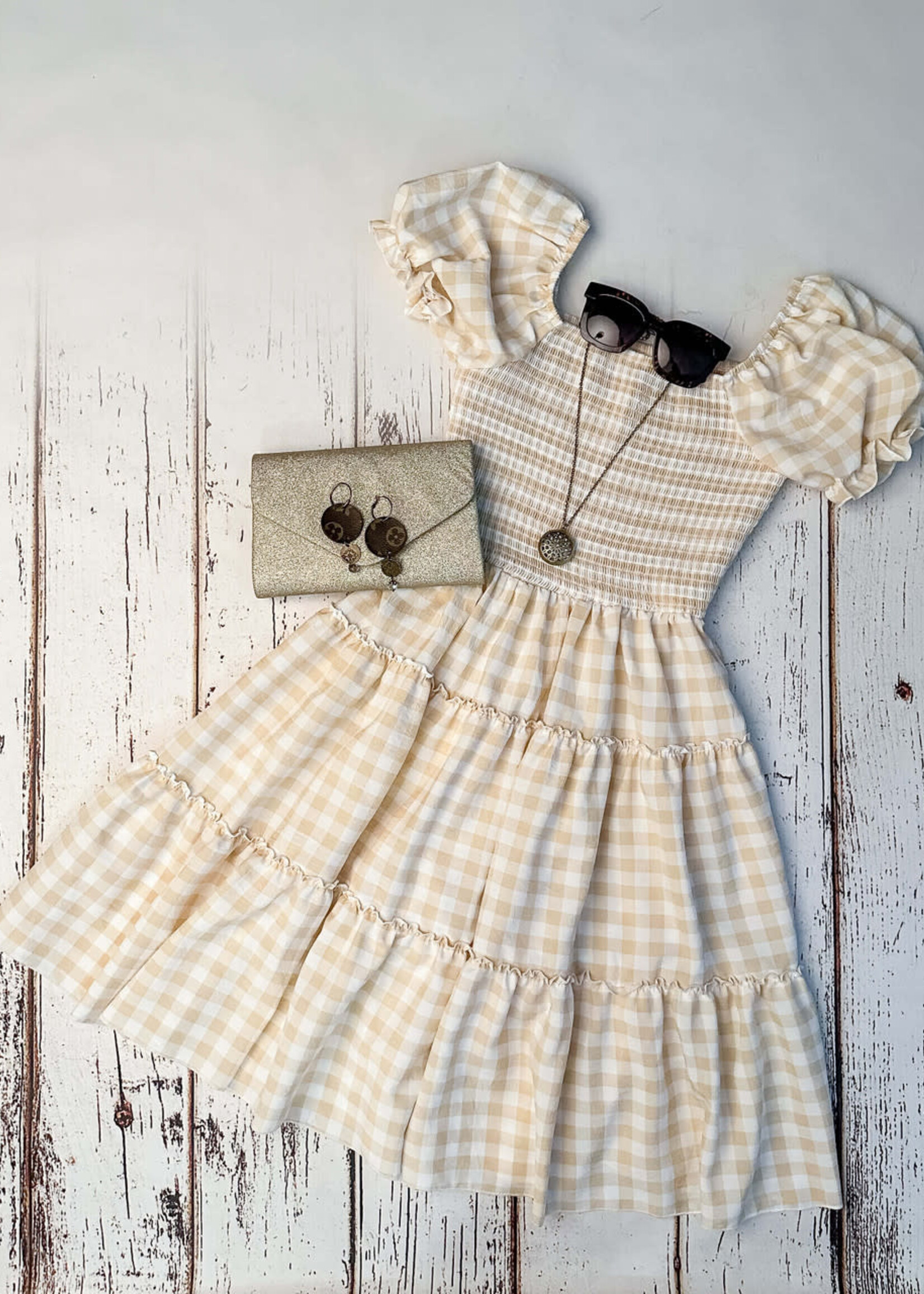 The Hair Bow Company Girls Golden Gingham Ruffled Twirl Dress