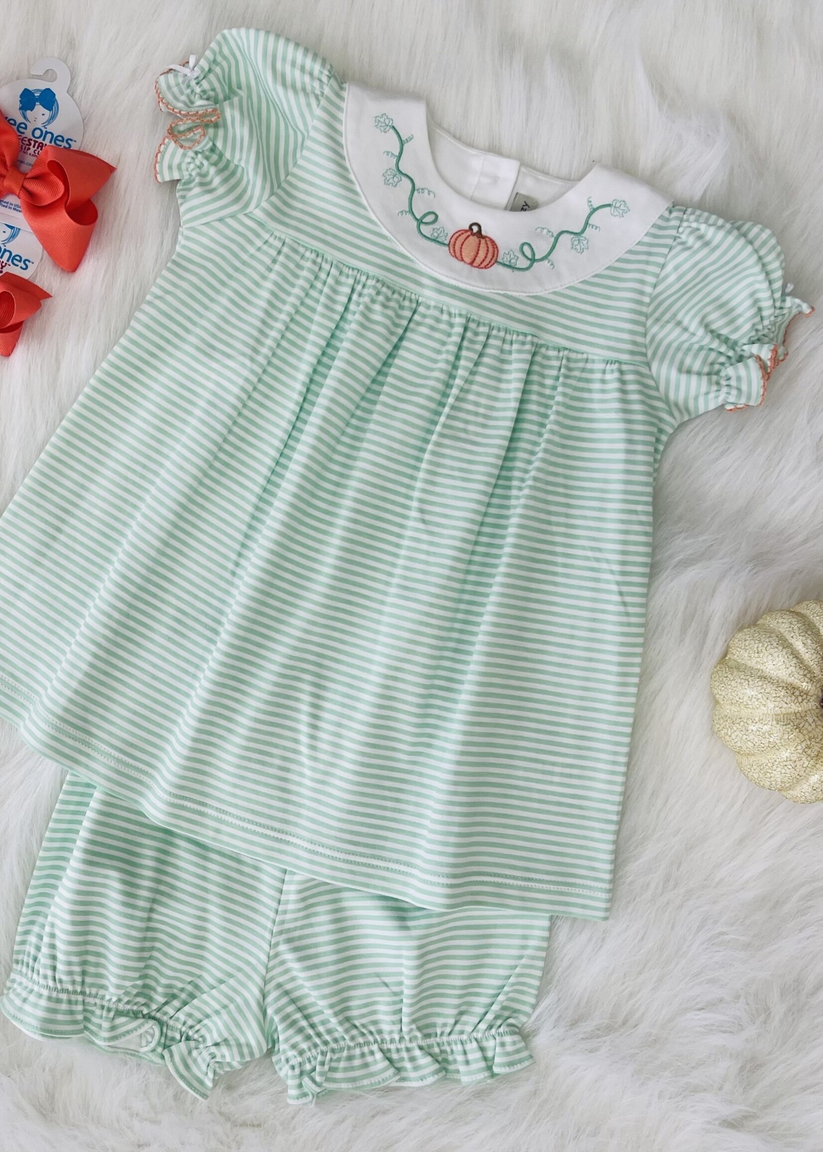 Pumpkin White/Lt. Green Striped Embroidery Dress