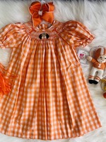 Southern Saturday UT Smocked Bishop Dress-Orange/White (F'23)