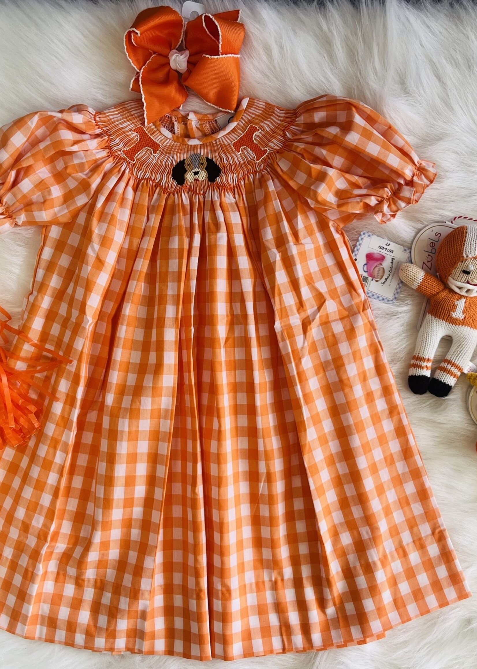 Southern Saturday UT Smocked Bishop Dress-Orange/White (F'23)