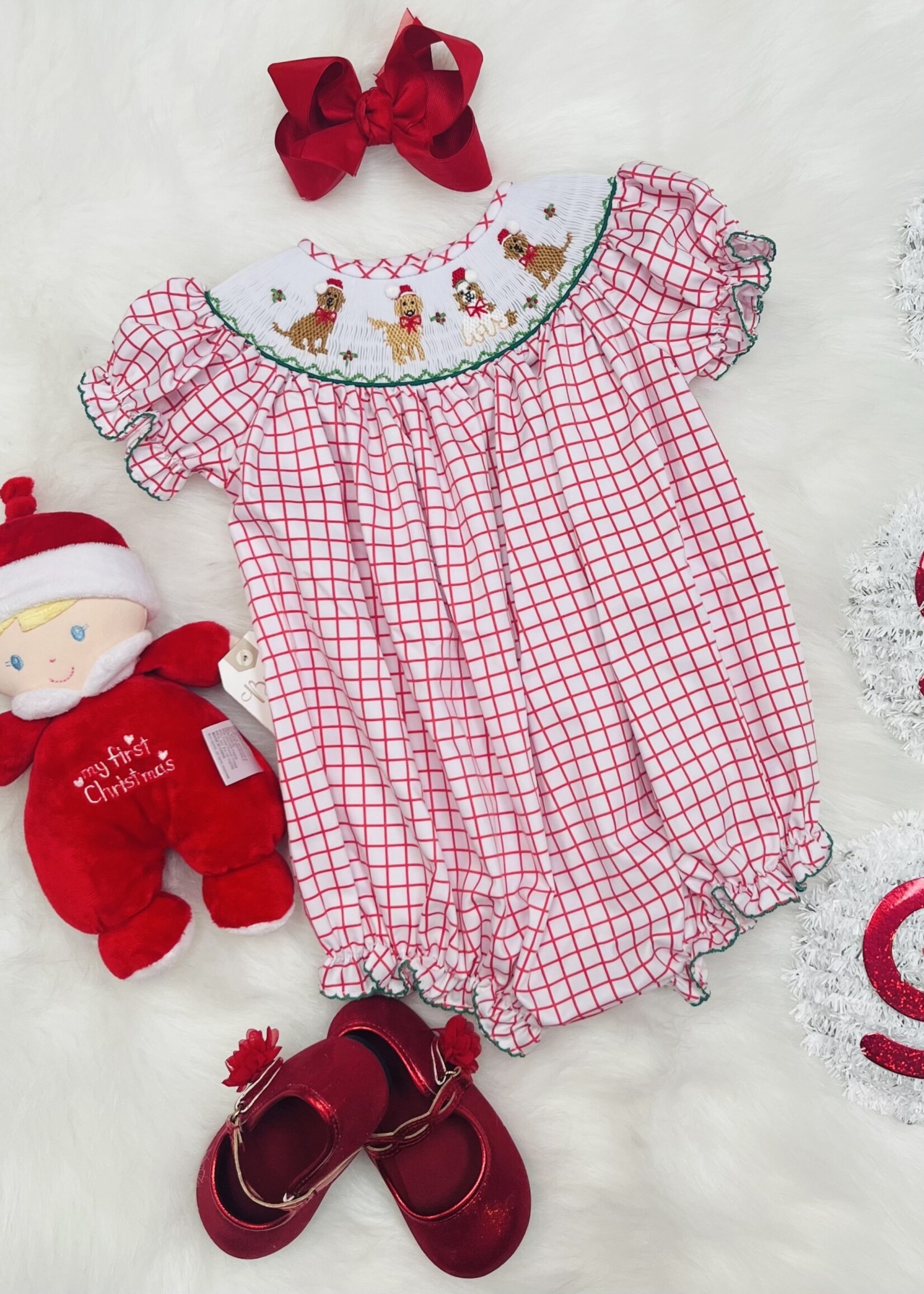 Red Check Christmas Dog Smocked Girls Bubble (F'23)