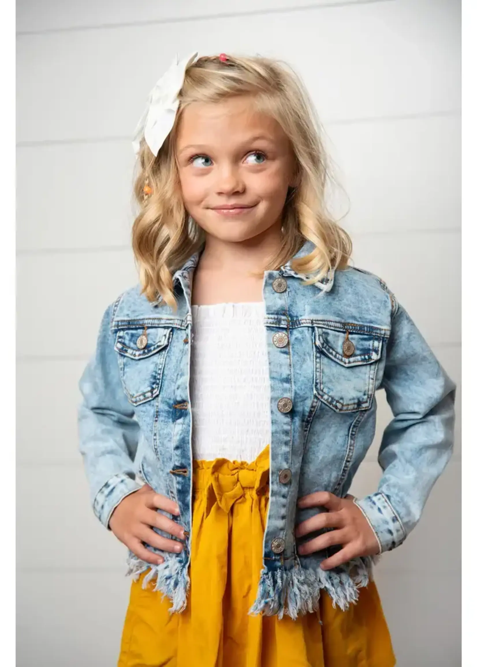 Oopsie Daisy Light Wash Fringe Denim Jacket (F'23)