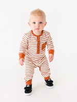 Lola & Taylor Long Sleeve Wooden Button Terracotta Stripe Romper