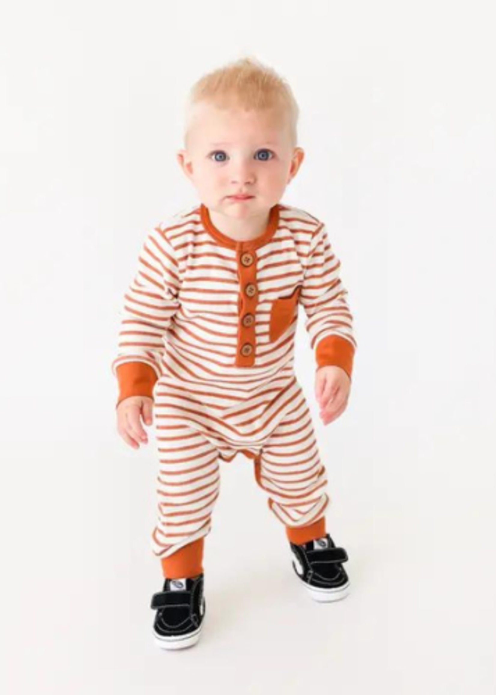 Lola & Taylor Long Sleeve Wooden Button Terracotta Stripe Romper