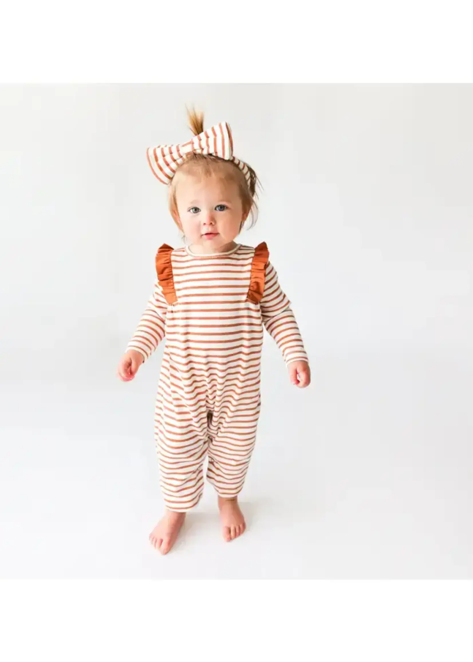 Lola & Taylor Terracotta Stripe L/S Ruffle Romper (F'23)