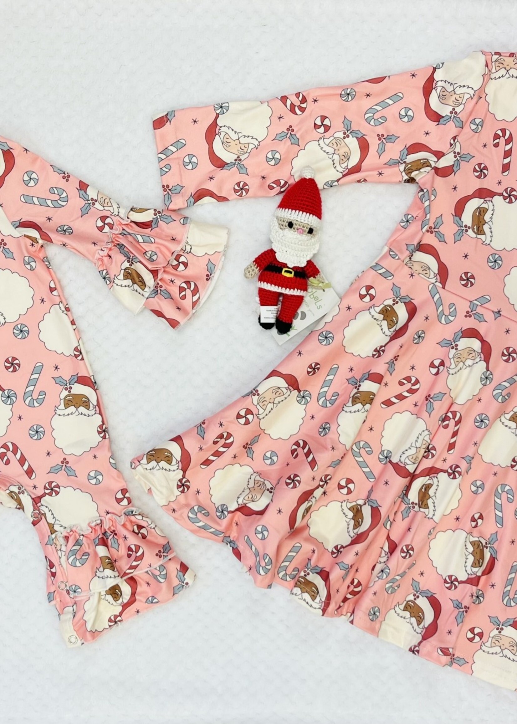 Clover Cottage Lt. Pink Santa Faces w/Candy Canes Prints Dress
