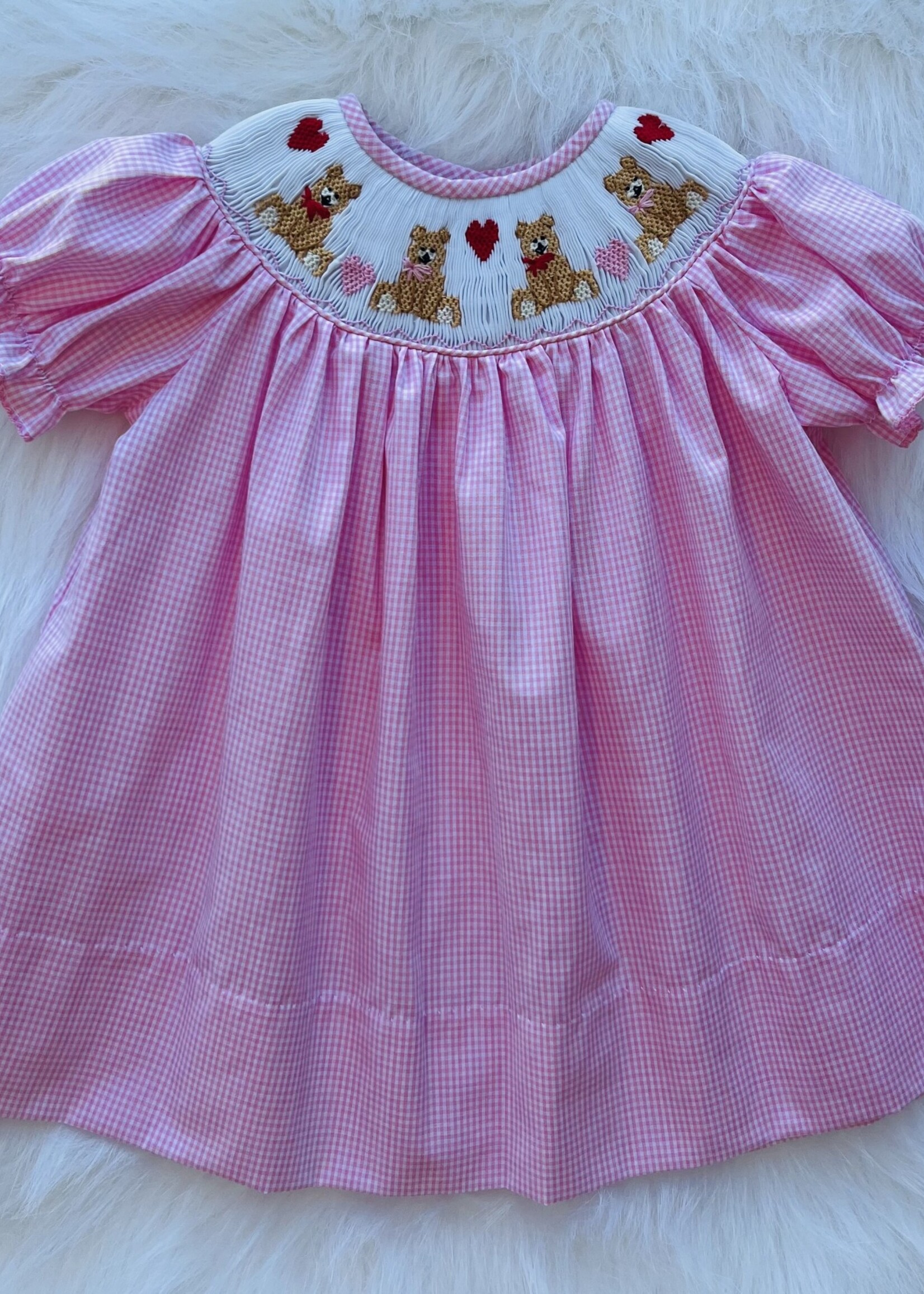 Lulu Bebe Lt Pink Teddies & Hearts Smocked Bishop(Emma-30-TBRV)