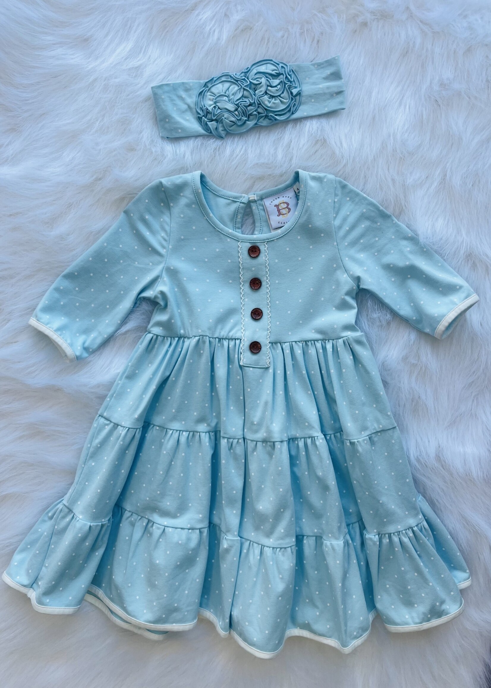 Swoon Baby Blue Dress w/ White Polka Dots & Headband