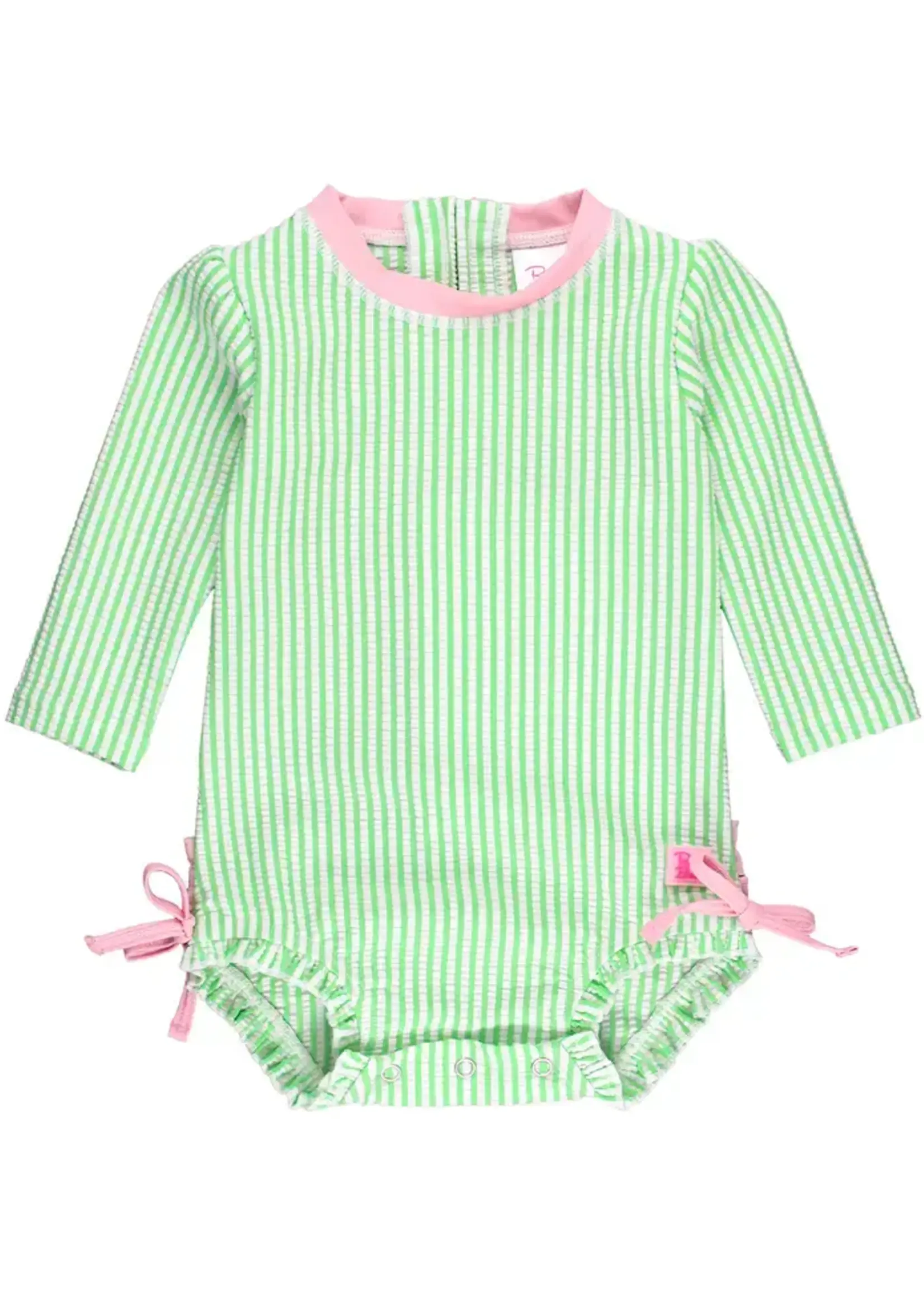 Ruffle Butts Green Seersucker L/S One Piece Swimsuit (S'24)