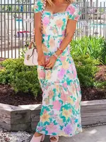 Full Time Purchase Square Neck Tiered Floral Maxi Dress (S'24)