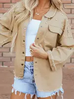Full Time Purchase Pearl Beaded Khaki Denim Jacket-Tween