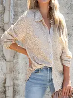 Full Time Purchase Gold Sequin Button Down Shirt-Women's Holiday