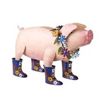 Evergreen Handcrafted Metal Pig with Flowered Purple Rain Boots