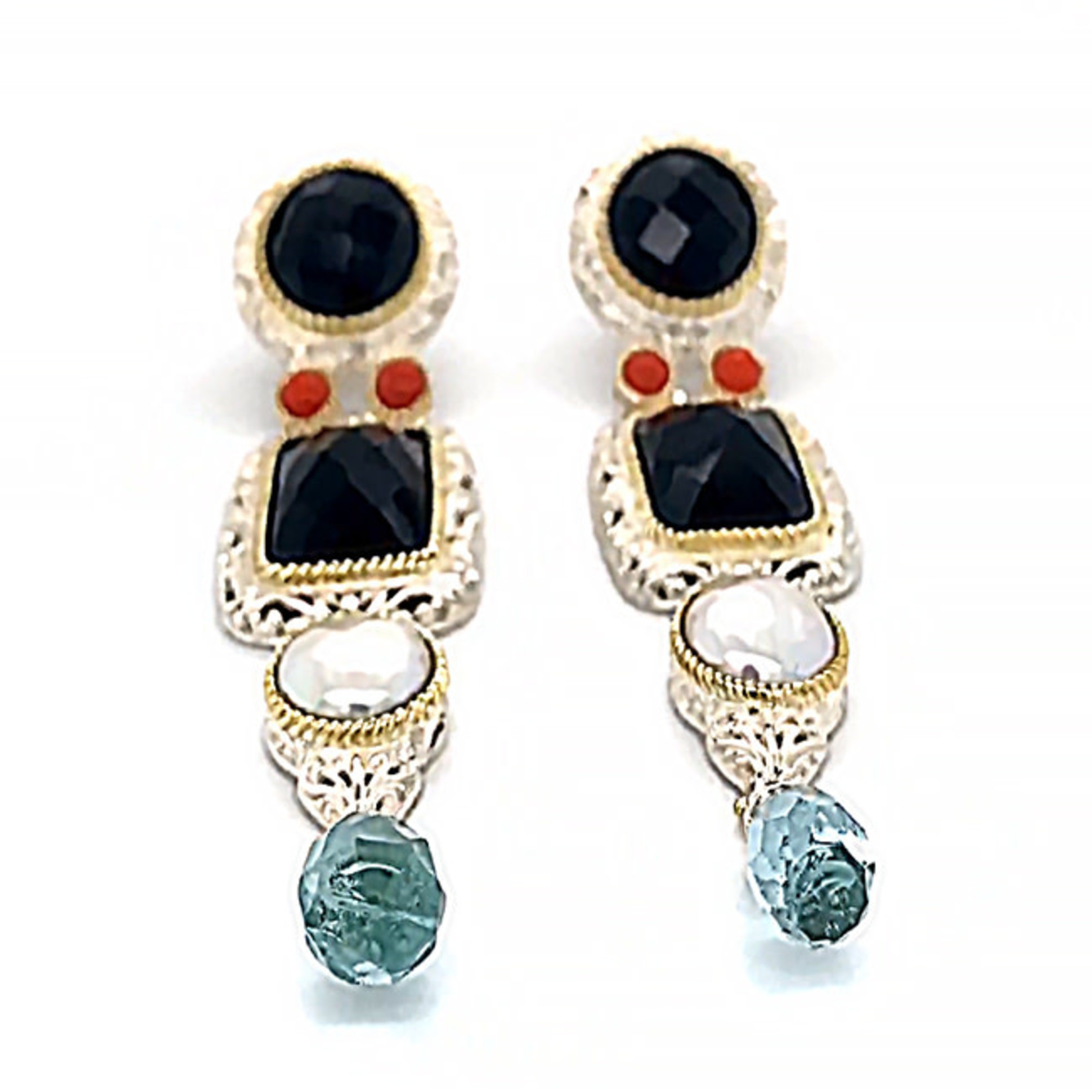 Jewelry By Danuta - Silver Drawer Onyx & Pearl & Aqua Silver Earrings