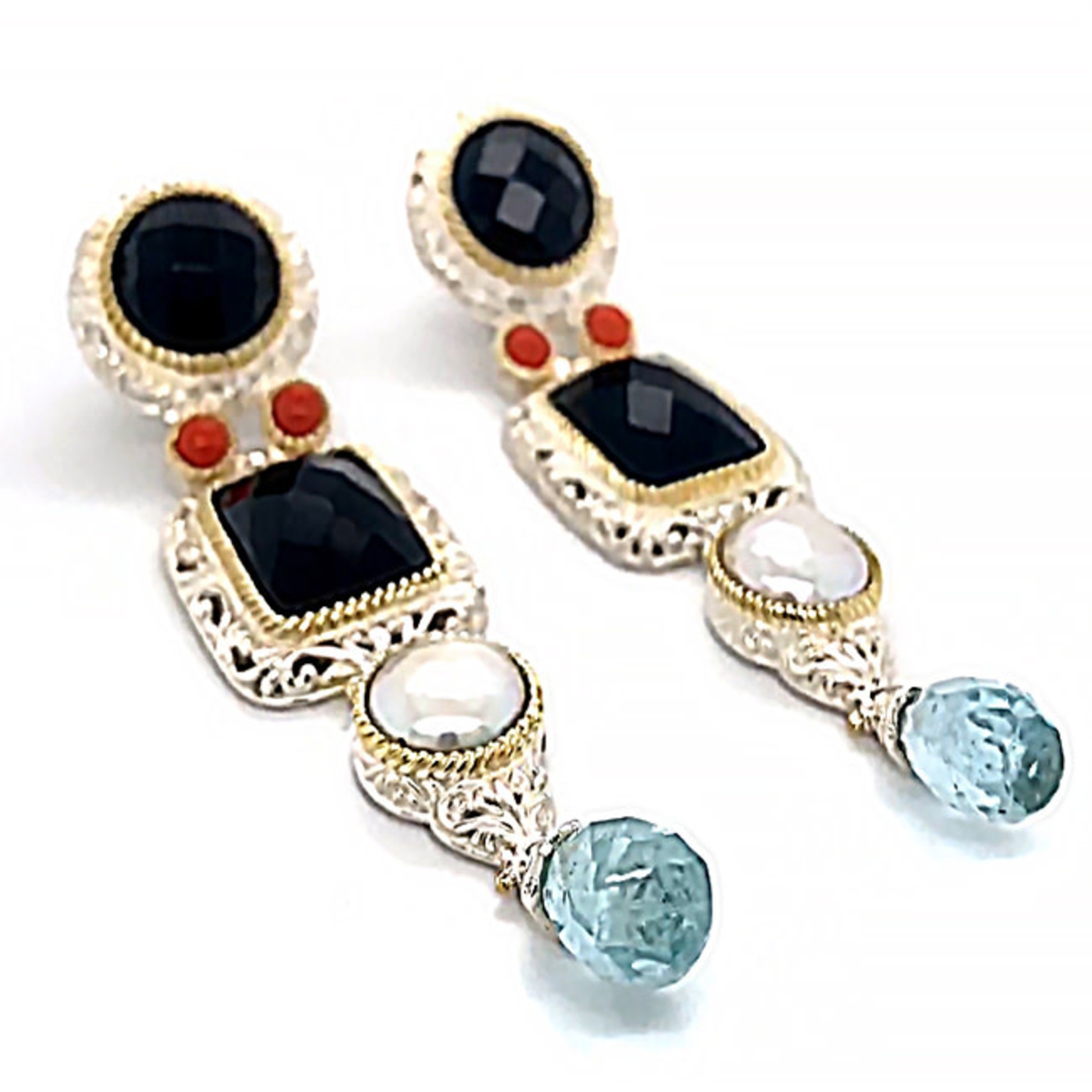 Jewelry By Danuta - Silver Drawer Onyx & Pearl & Aqua Silver Earrings