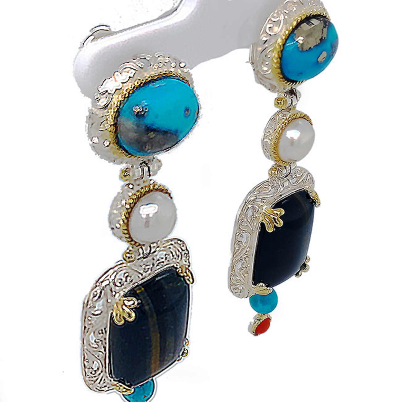 Jewelry By Danuta - Silver Drawer Tiger Eye & Turquoise & Pearls & Coral Silver Earrings