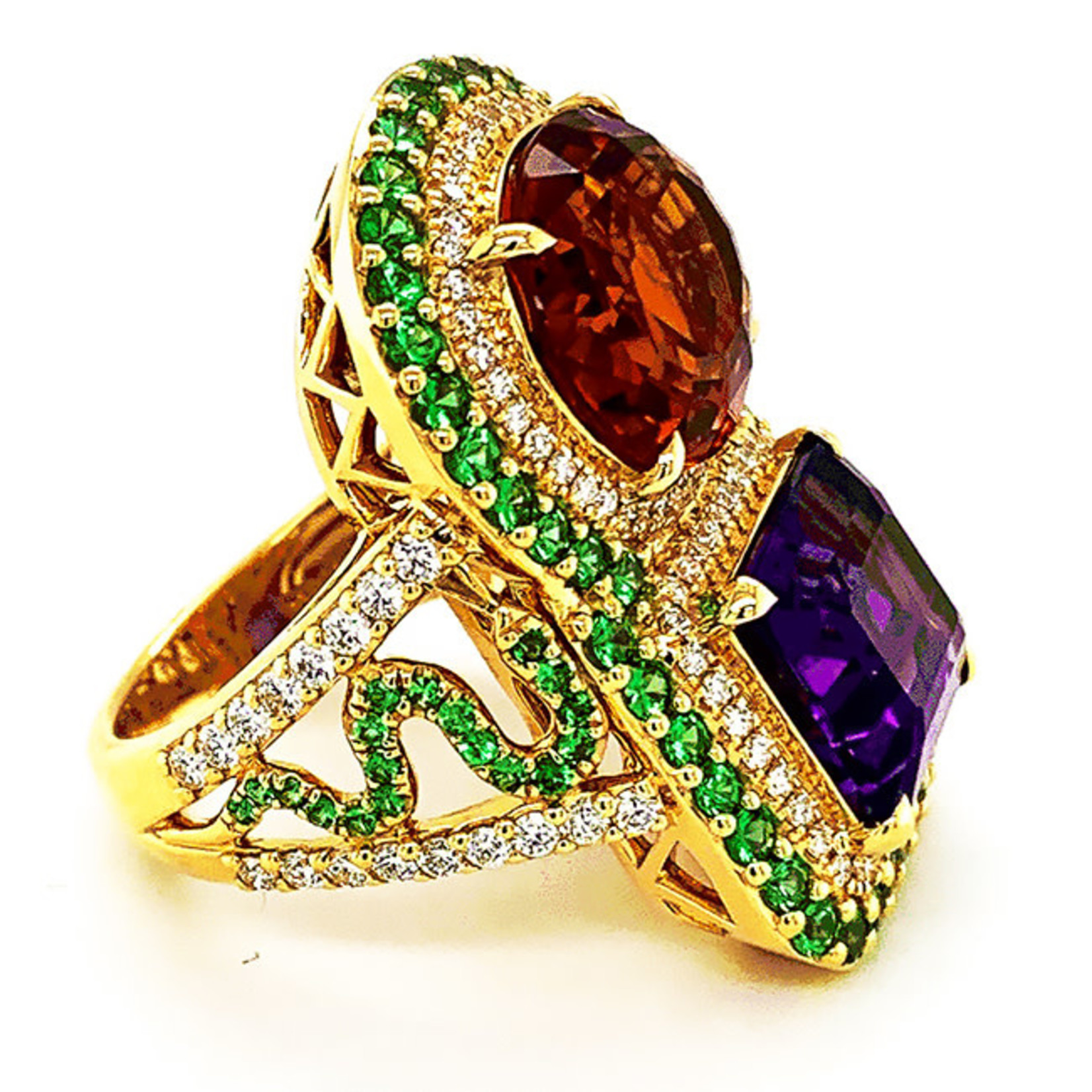 Jewelry By Danuta - Gold Drawer Madera Citroen6.30ct & Amethyst4.30ct & Ts1.20ct Tsavorite & .75ctvDiamond Gold Ring