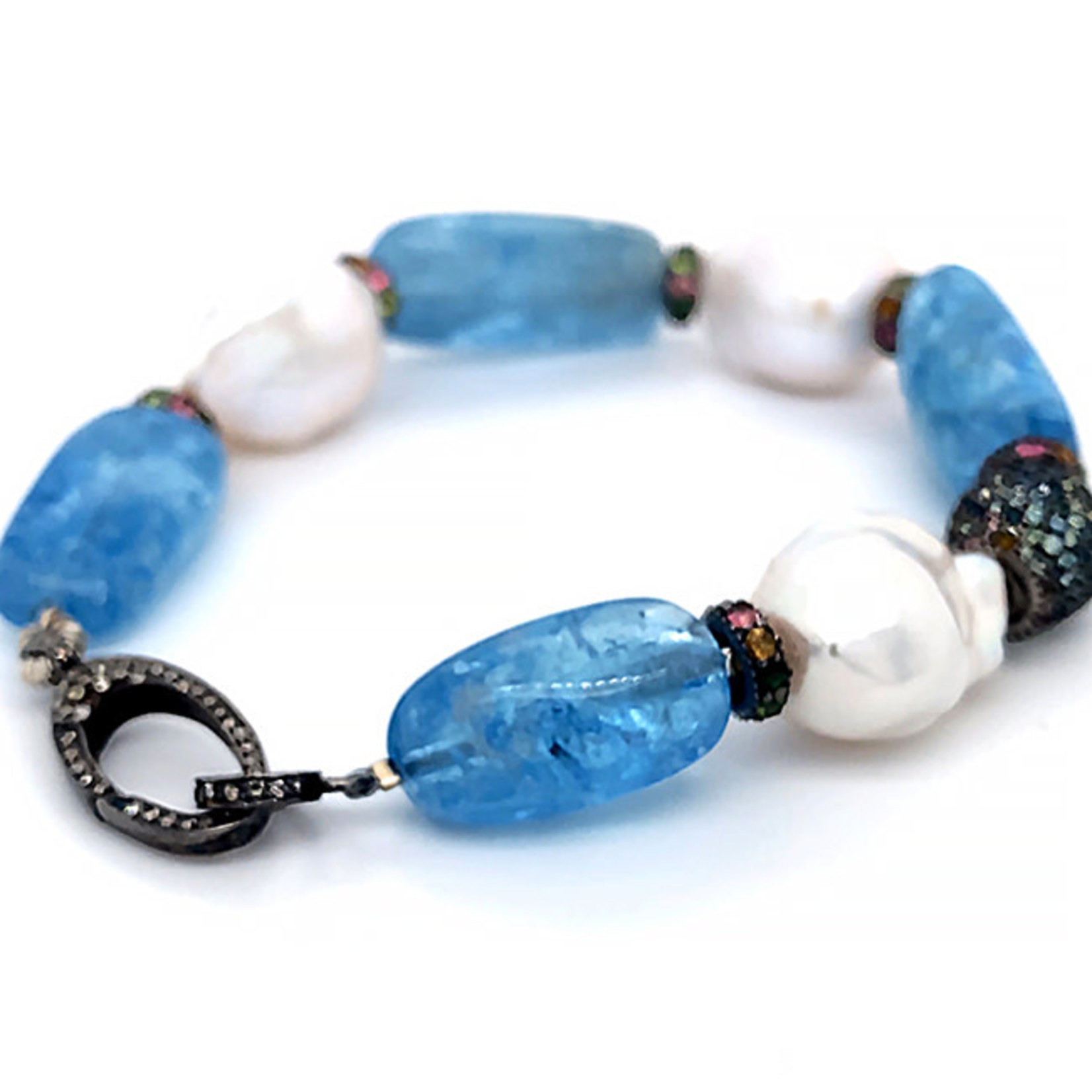 Jewelry By Danuta - Silver Drawer Aqua Beads & Chinese Pearls & Pave Tourmaline Silver Bracelet