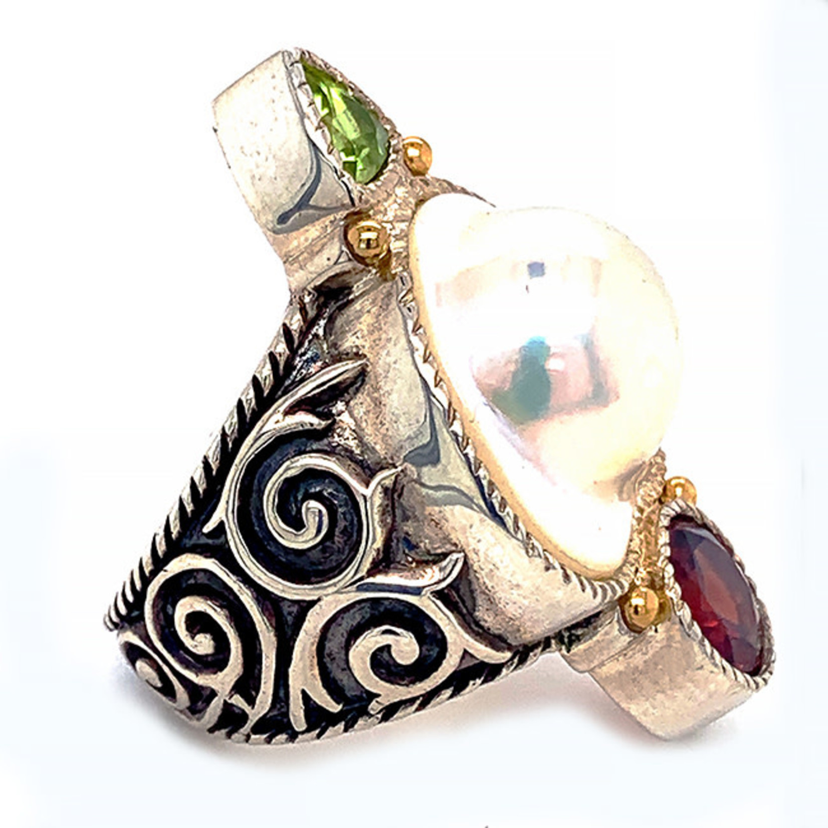 Jewelry By Danuta - Silver Drawer Pearl & Garnet & Peridot Silver Ring