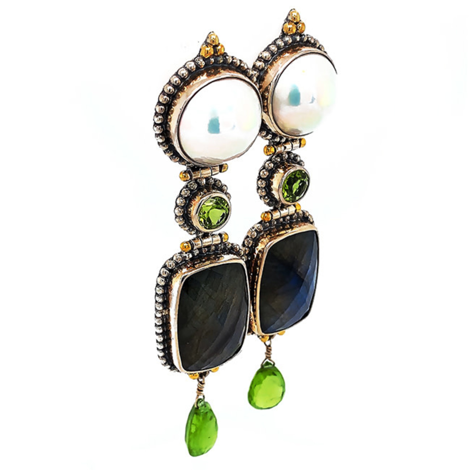 Jewelry By Danuta - Silver Drawer Pearl & Onyx & Emerald Silver Earrings Sold
